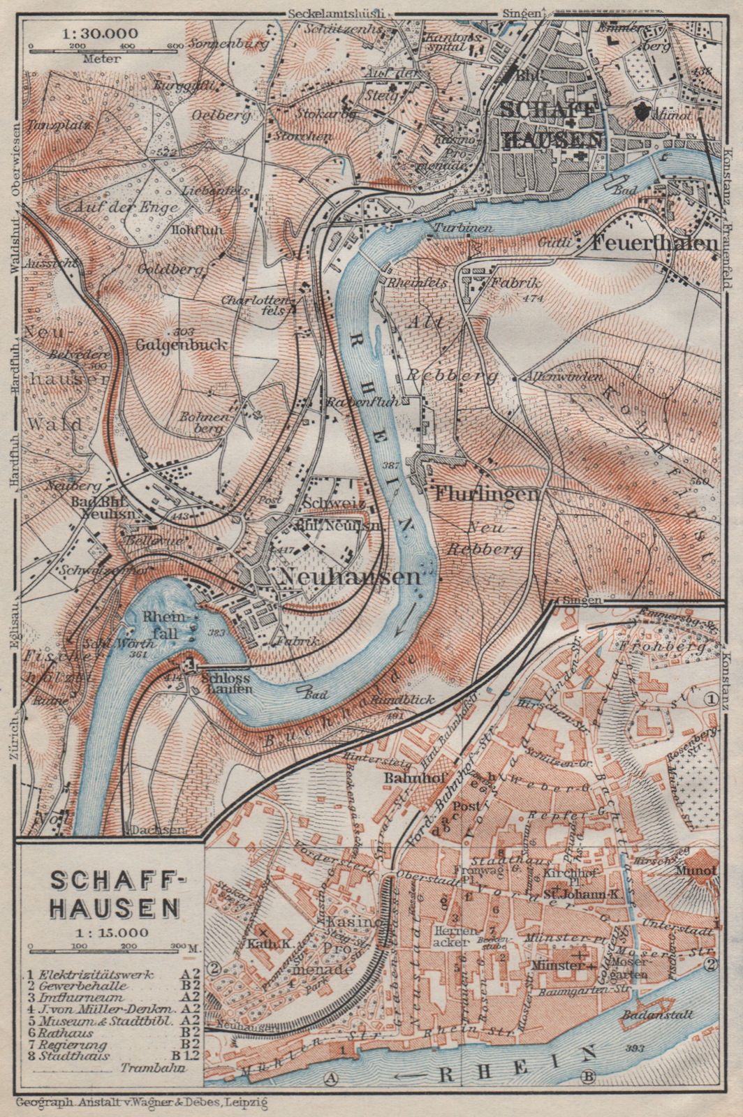 SCHAFFHAUSEN environs. Flurlingen Feuerthalen Neuhausen. Schweiz 1911 old map